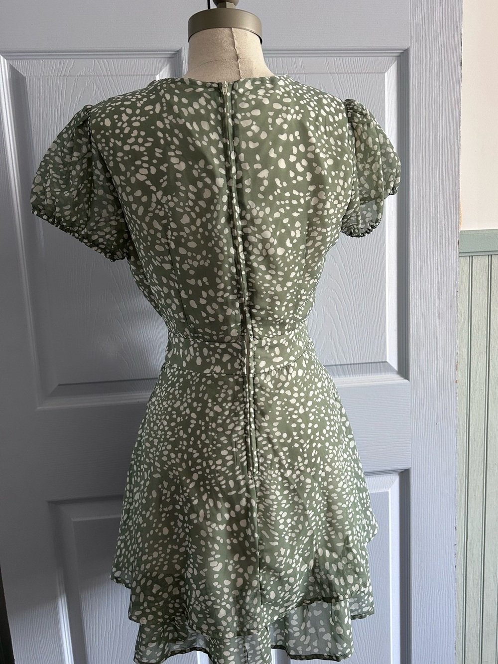 Sage Green Printed Wrap Mini Dress - Picture 6 of 6